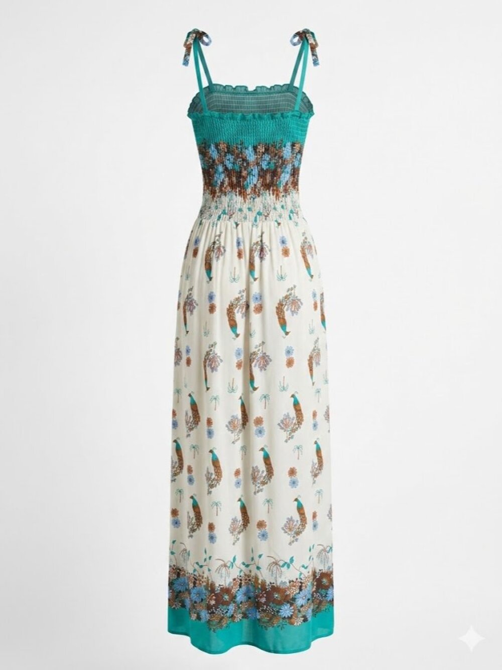 Boho Smocked Maxi Dress – Teal & Ivory Bird/Floral Border Print